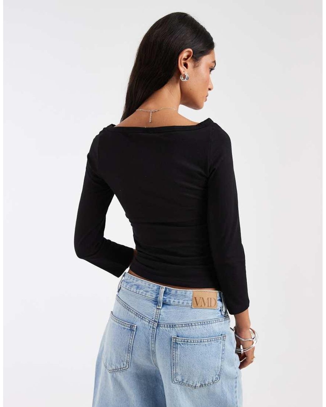 Pieces Black Boat Neck 3/4 Sleeve Top