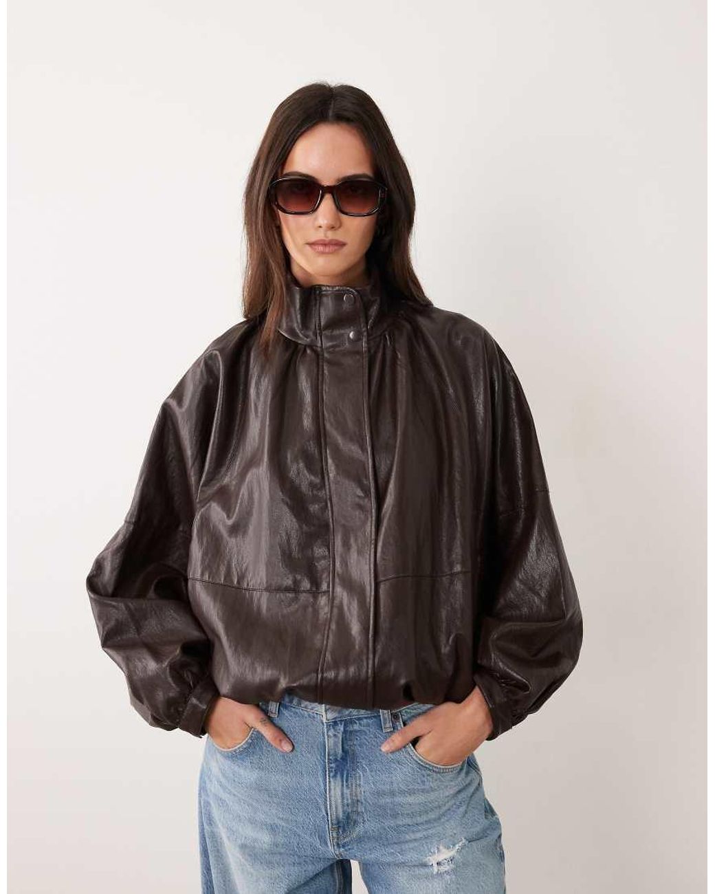 Jdy Brown Funnel Neck Faux Leather Bomber Jacket With Wide Sleeves