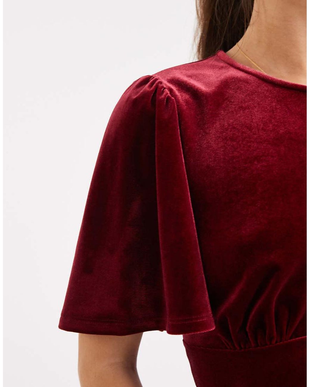 ASOS Red Velvet Puff Sleeve Top With Tie Back