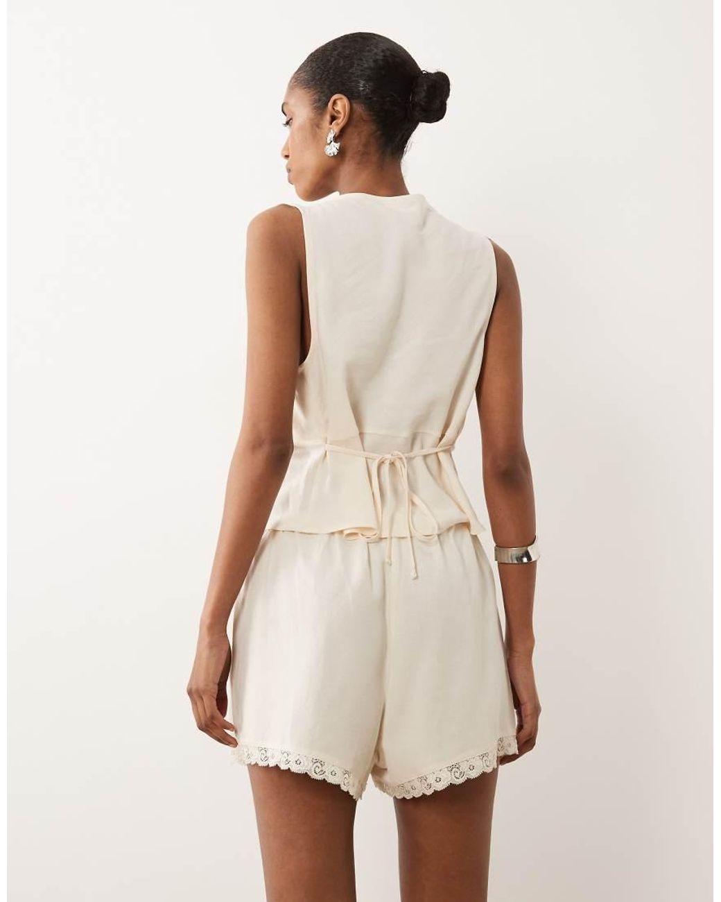 ASOS Natural Linen Blend Pull On Short With Lace Trim