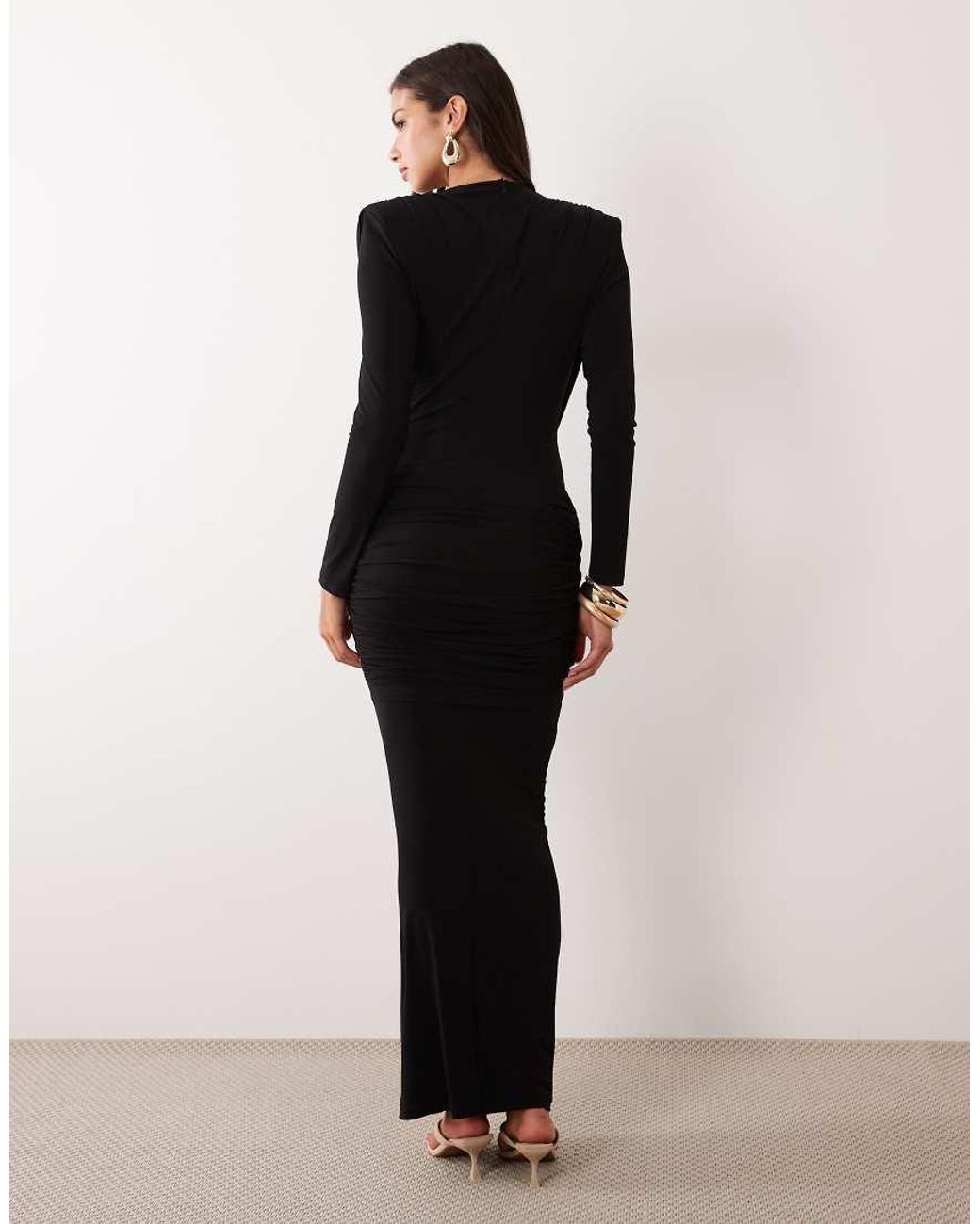Ruched & Ready Black On My Level Sculpted Plunge Neck Drape Front Maxi Dress