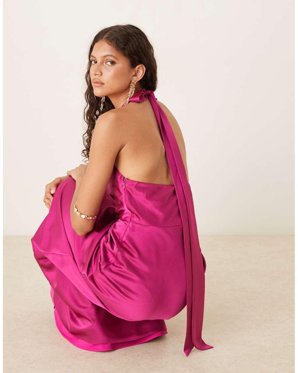 Six Stories Pink Twist Front Satin Maxi Dress