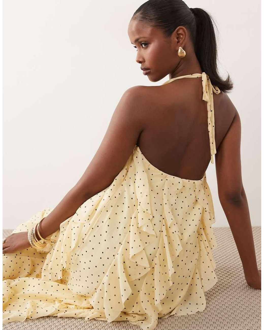 Y.A.S Natural Halter Neck Ruffle Maxi Dress