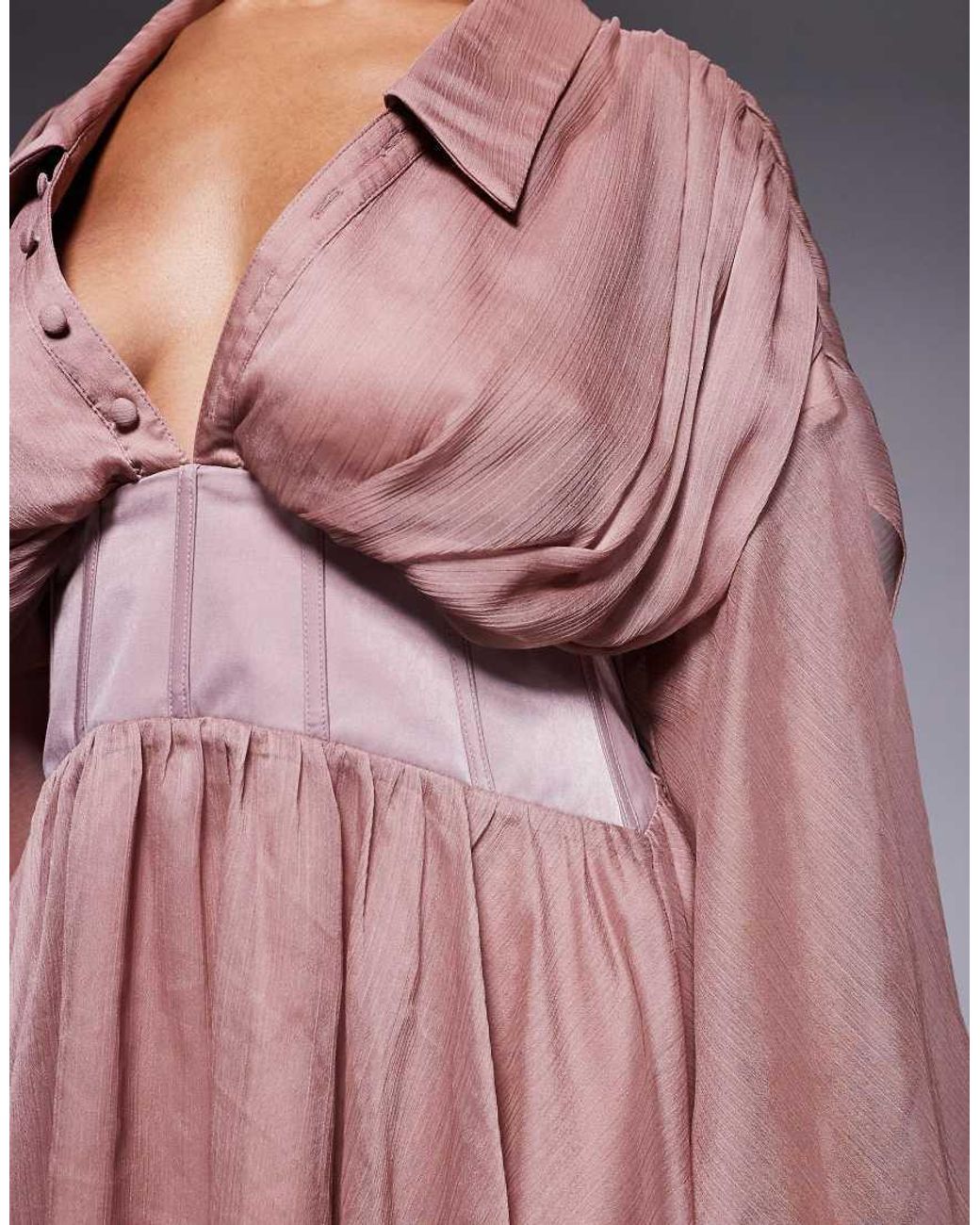 ASOS Brown Soft Plunge Mini Shirt Dress With Corset Detail And Drape Back