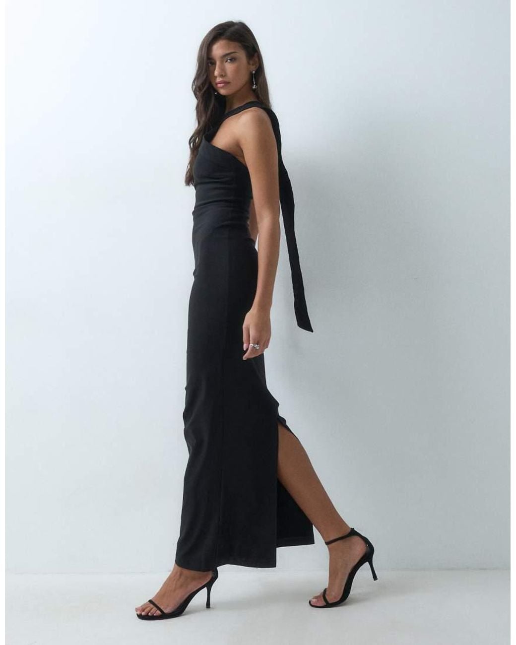 Vesper Blue Bengaline One Shoulder Drape Detail Maxi Dress