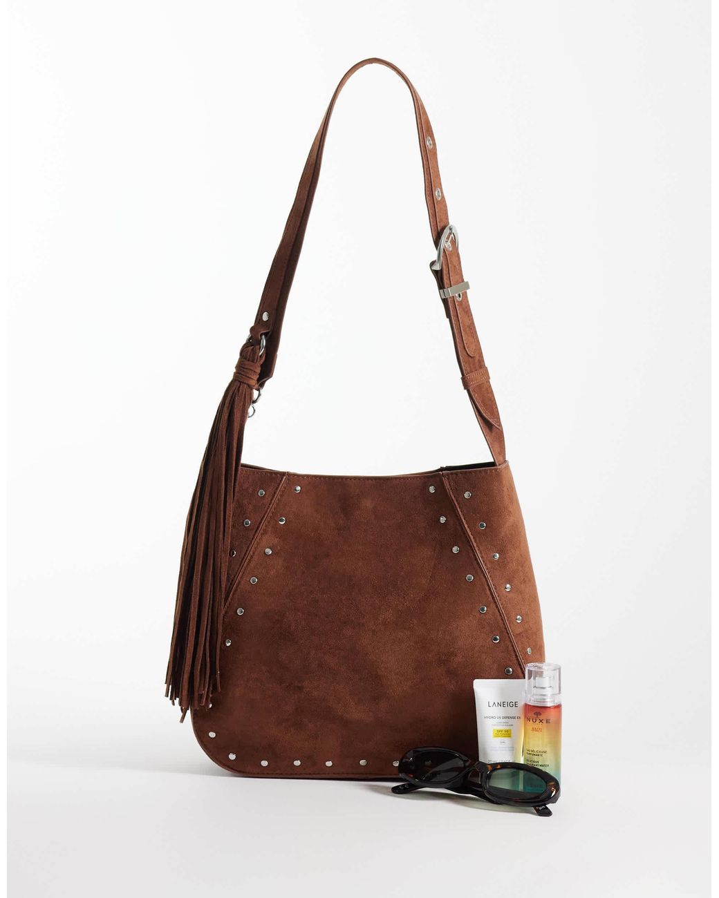 ASOS Brown Studded Tote Bag With Tassel Charm Detail