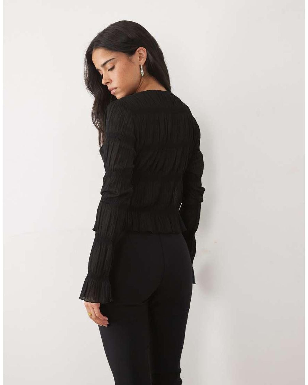 Miss Selfridge Black Textured Button Through Top With Flare Sleeve