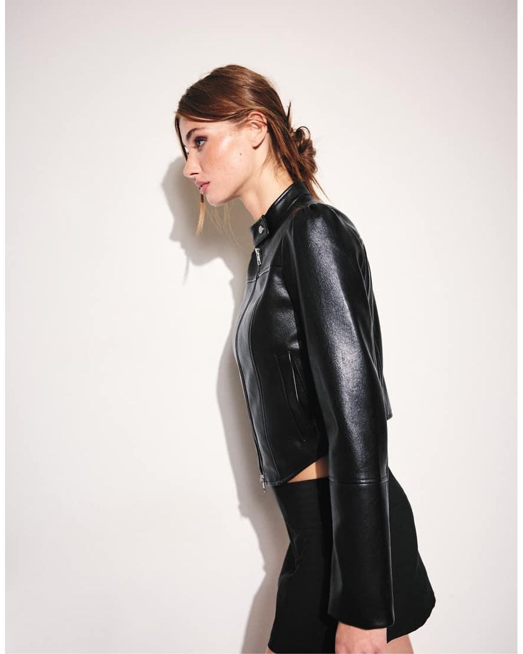 Stradivarius Black Cropped Leather Effect Biker Jacket