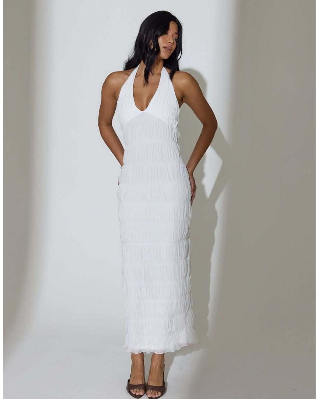 South Beach White Ruched Halterneck Maxi Dress