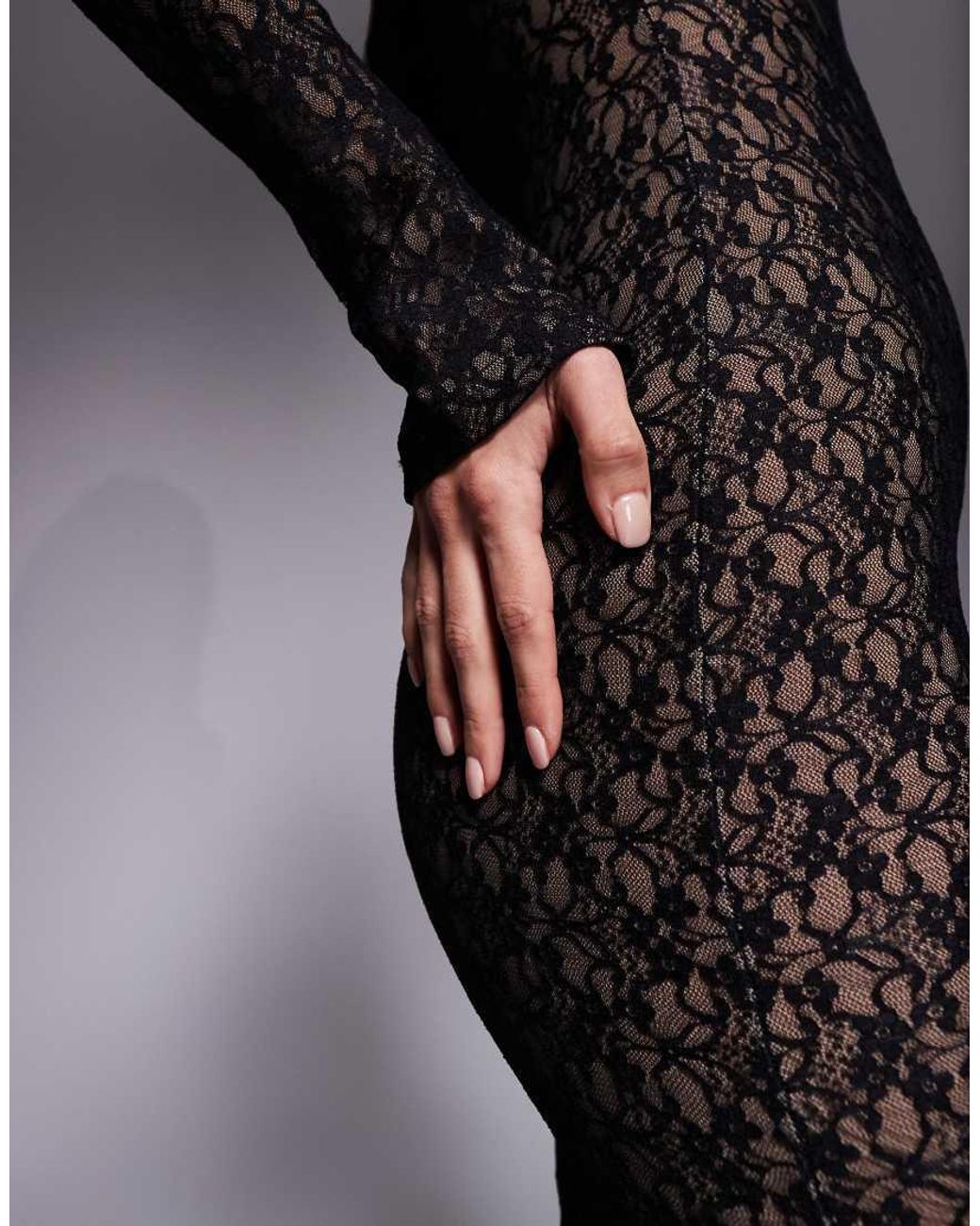 Ruched & Ready Black High Neck Long Sleeve Sculpting Lace Maxi Dress