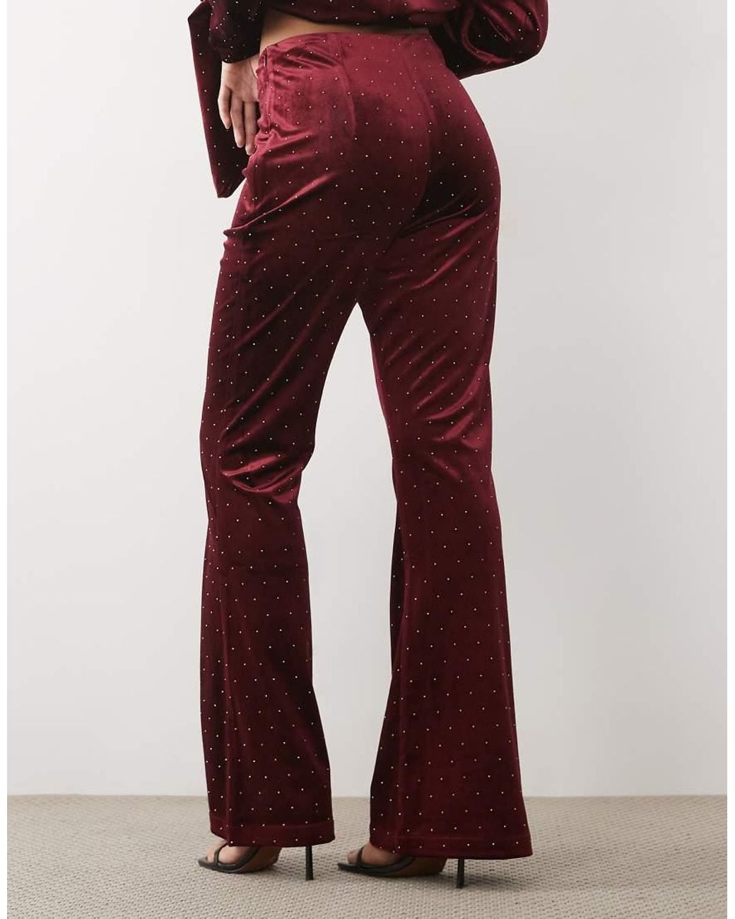 Never Fully Dressed Red Velvet Hot Fix Embellished High Rise Flare Trouser Co-Ord