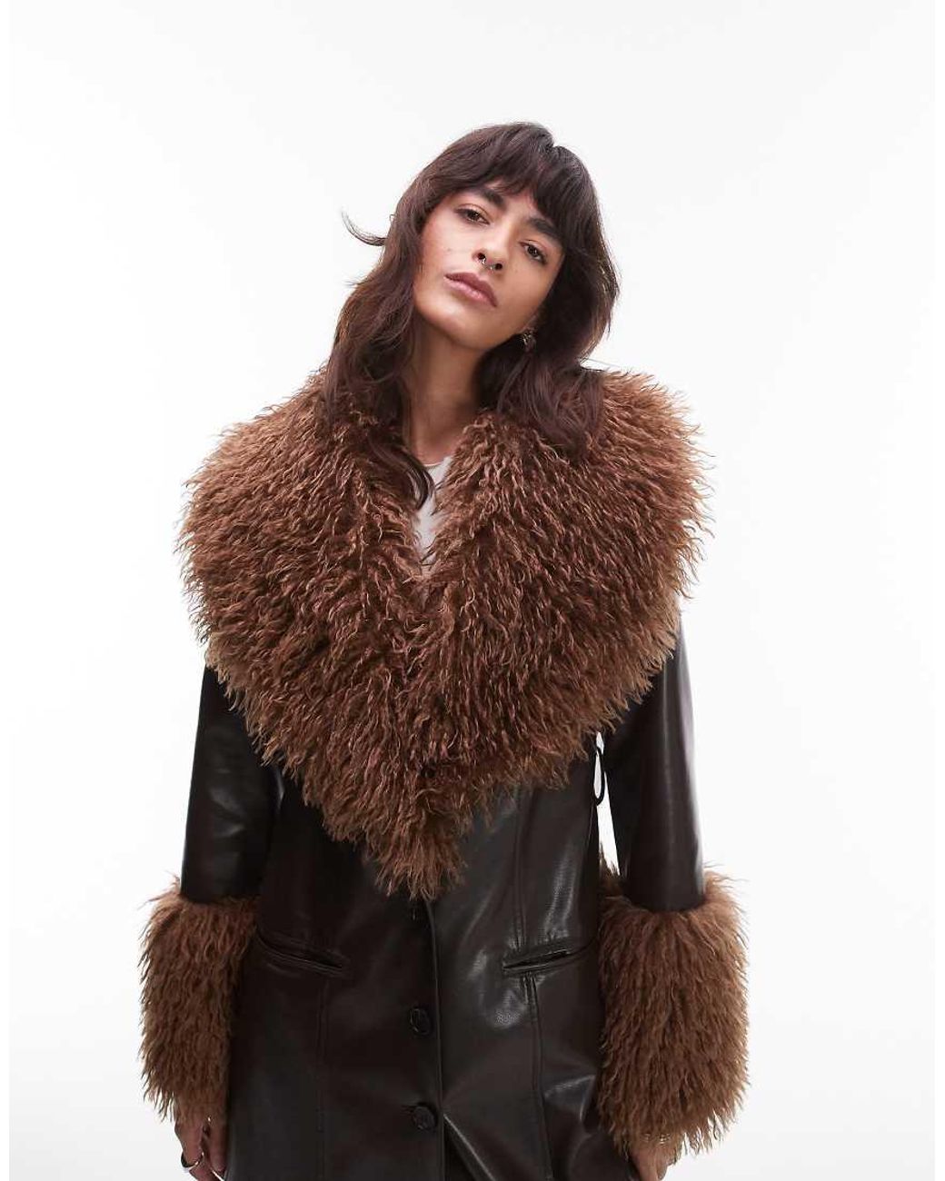Nia Brown Orla Faux Fur Collared Longline Jacket