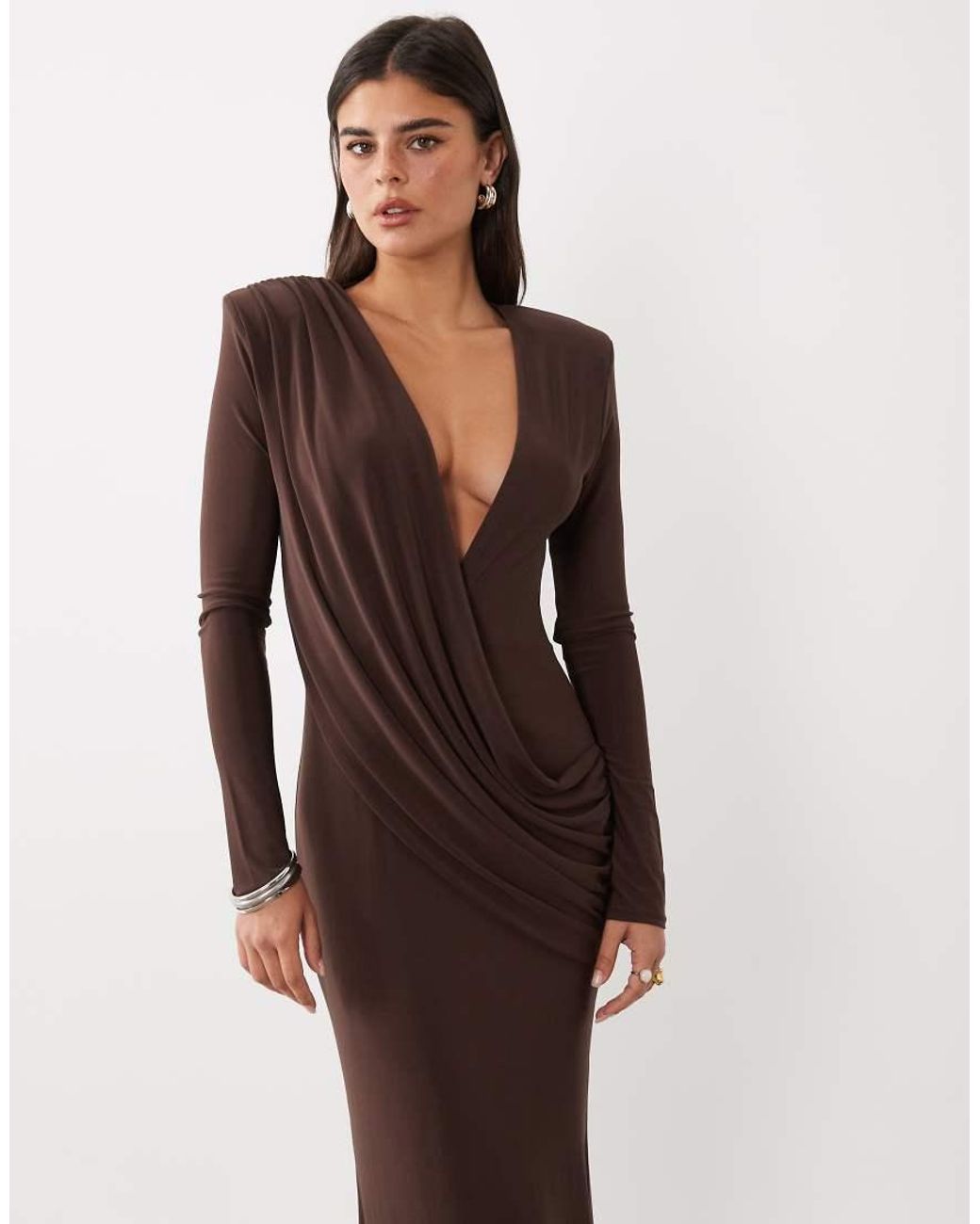 ASOS White Shoulder Pad Slinky Maxi Dress With Sweeping Drape Detail