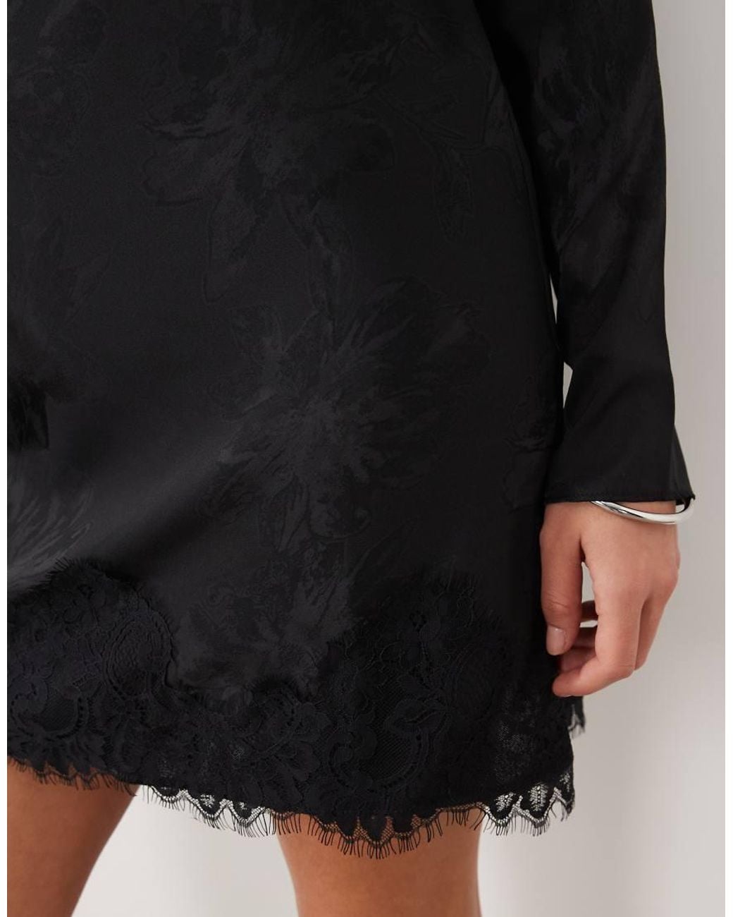 New Look Black Satin Jacquard Lace Trim Mini Dress