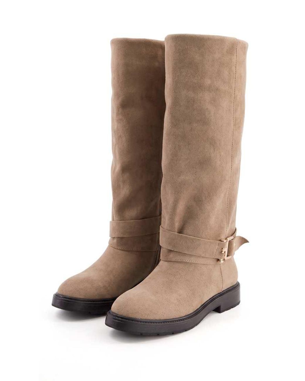 SEQWL Brown Knee High Boots With Low Block Heel And Buckle Ankle Strap
