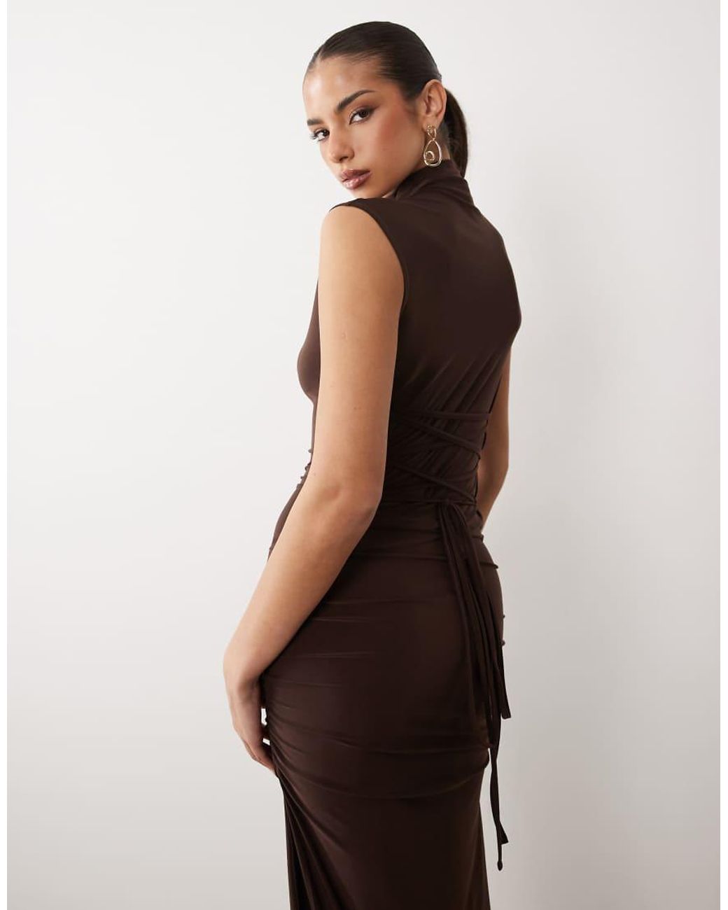 ASOS Brown Cap Sleeve Maxi Dress With Lace Up Detail And Ruching