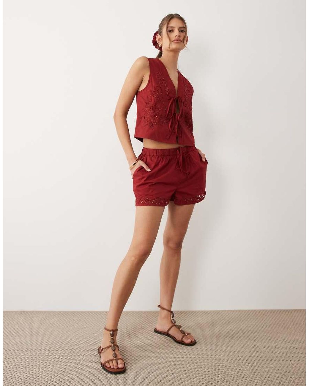 Miss Selfridge Red Cutwork Mini Shorts Co-Ord