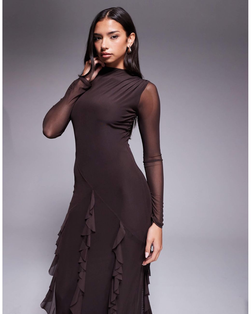 ASOS Mesh Long Sleeve Maxi Dress With Waterfall Ruffle Skirt Detail in  Purple | Lyst