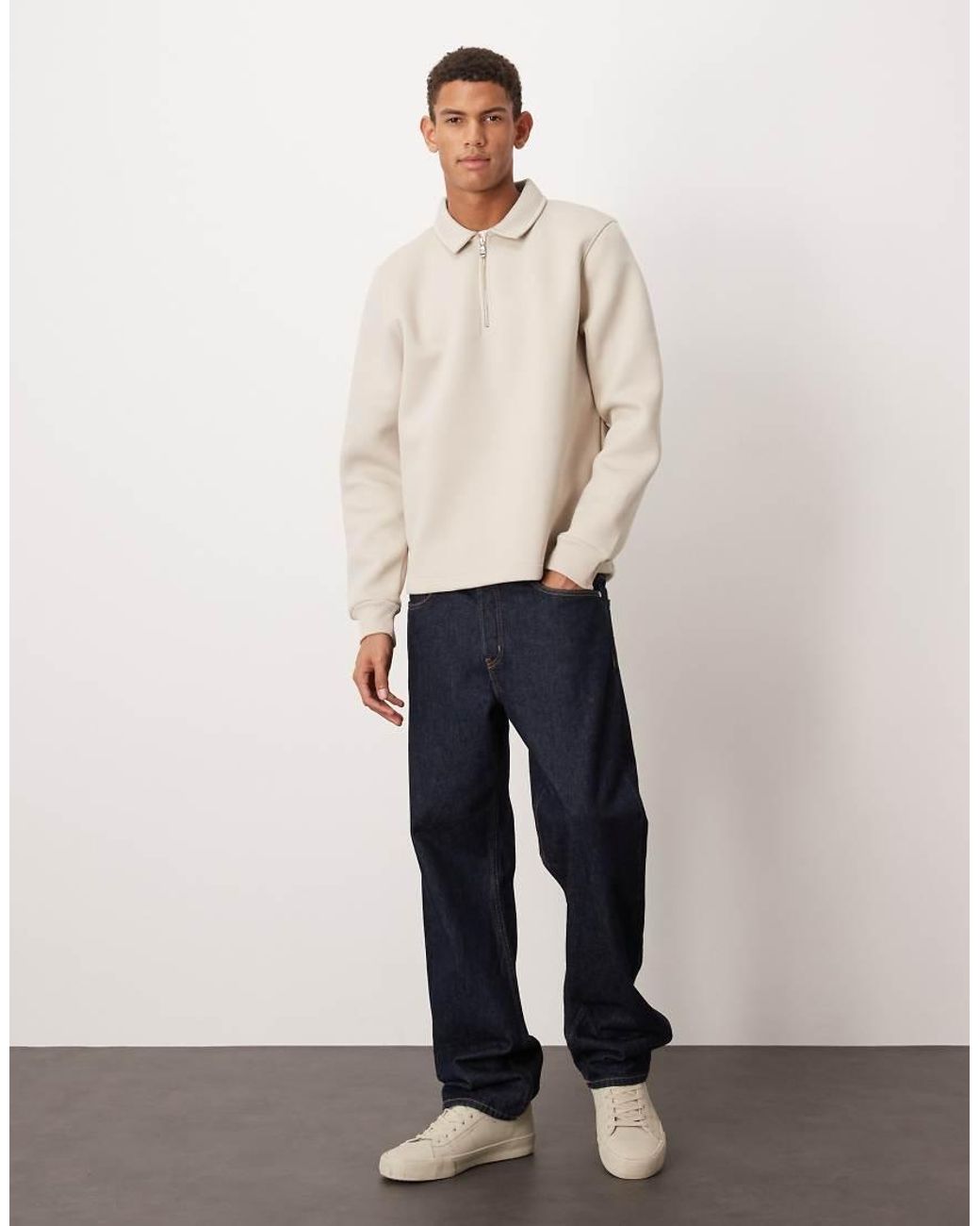 ASOS Natural Heavyweight Oversized Polo Sweatshirt With Fixed Hem for men