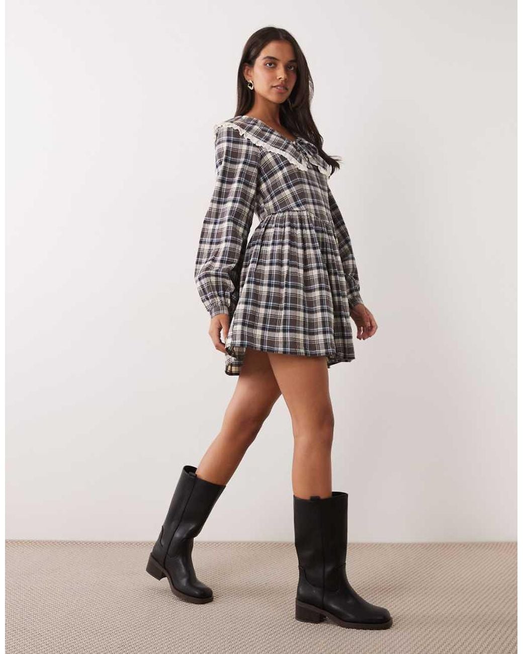 Nobody's Child Brown Kia Cotton Oversized Collar Balloon Sleeve Smock Mini Dress