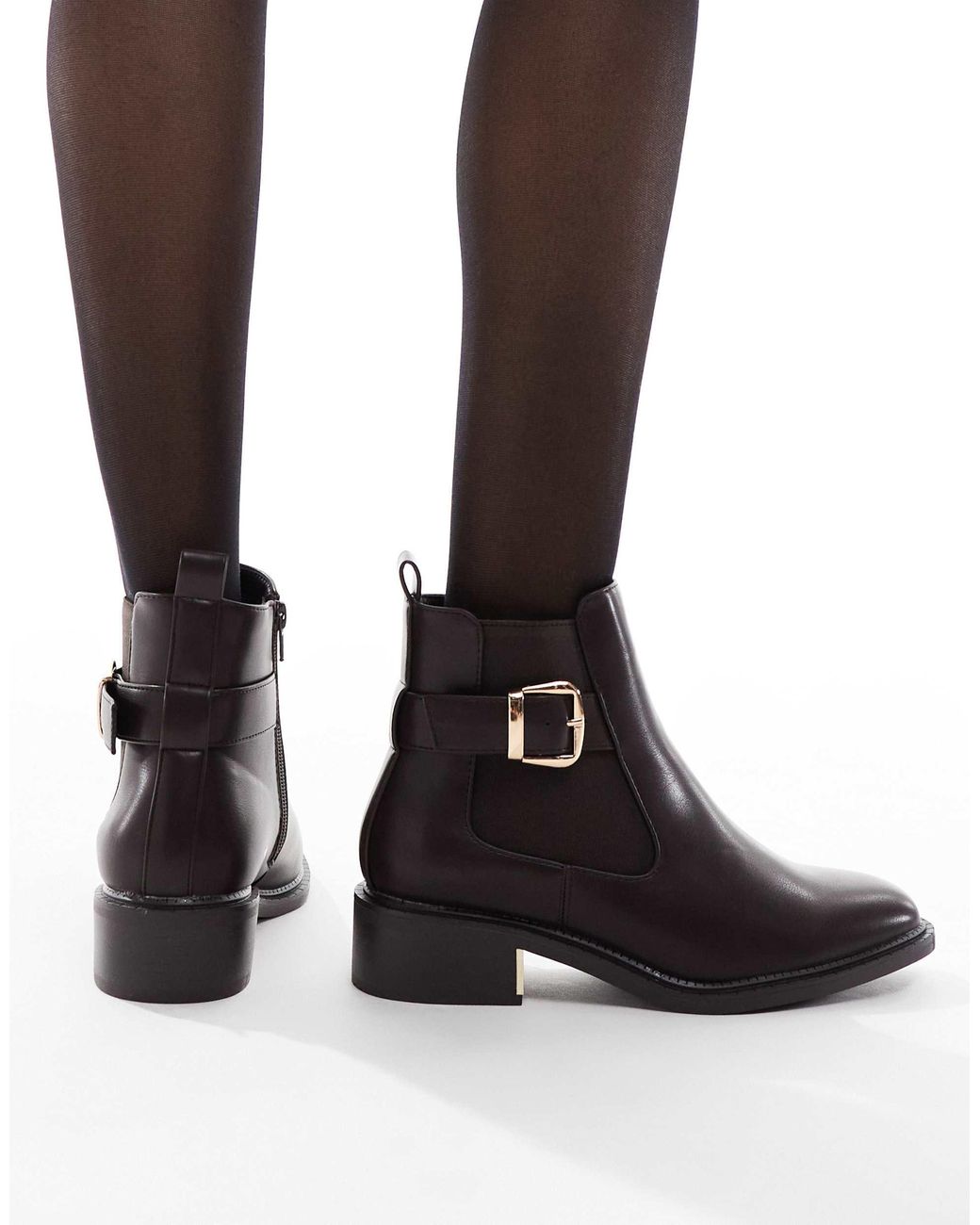 SEQWL Wide Fit Black Latte Buckle Detail Refined Chelsea Boots