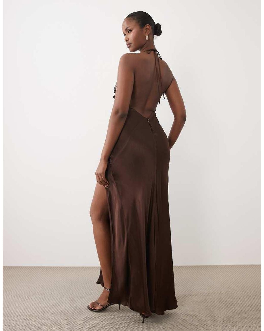 Bardot Brown Sequin Cami Halter Neck Open Back Split Detail Maxi Dress