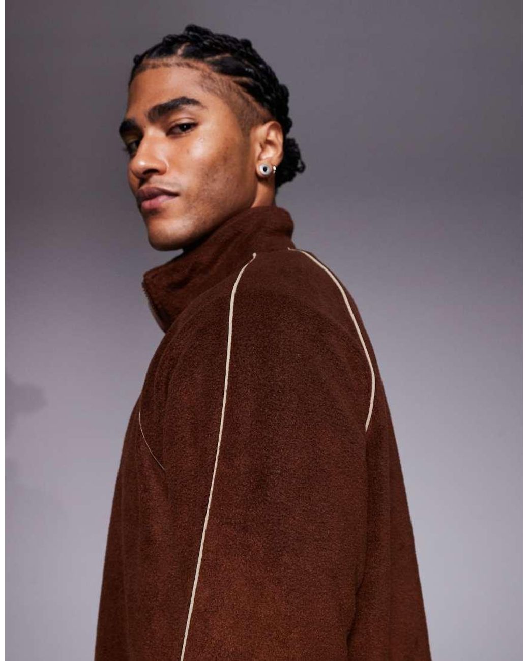 ASOS Brown Relaxed Funnel Neck Fleece Sweatshirt With Piping for men