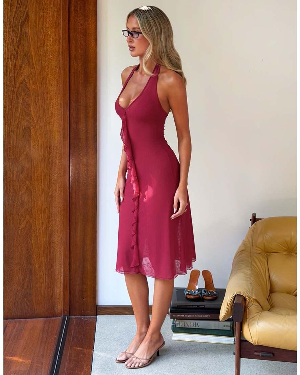 Tiger Mist Red X Em Venz Ash Ruffle Front Halterneck Chiffon Midi Dress