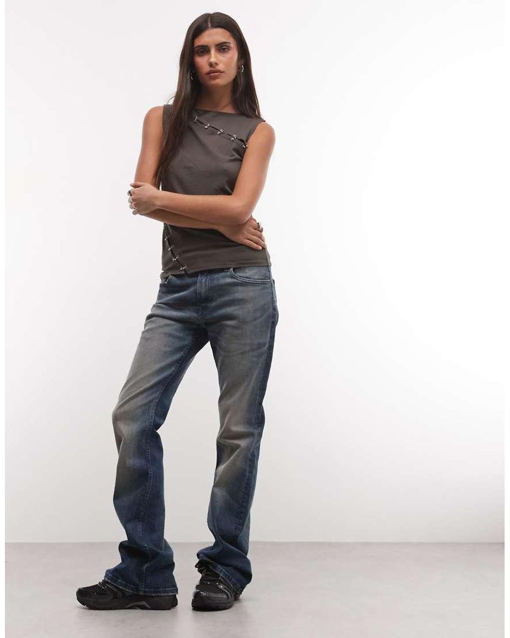 Weekday Gray Asymmetric Eyelet Detail Tank Top