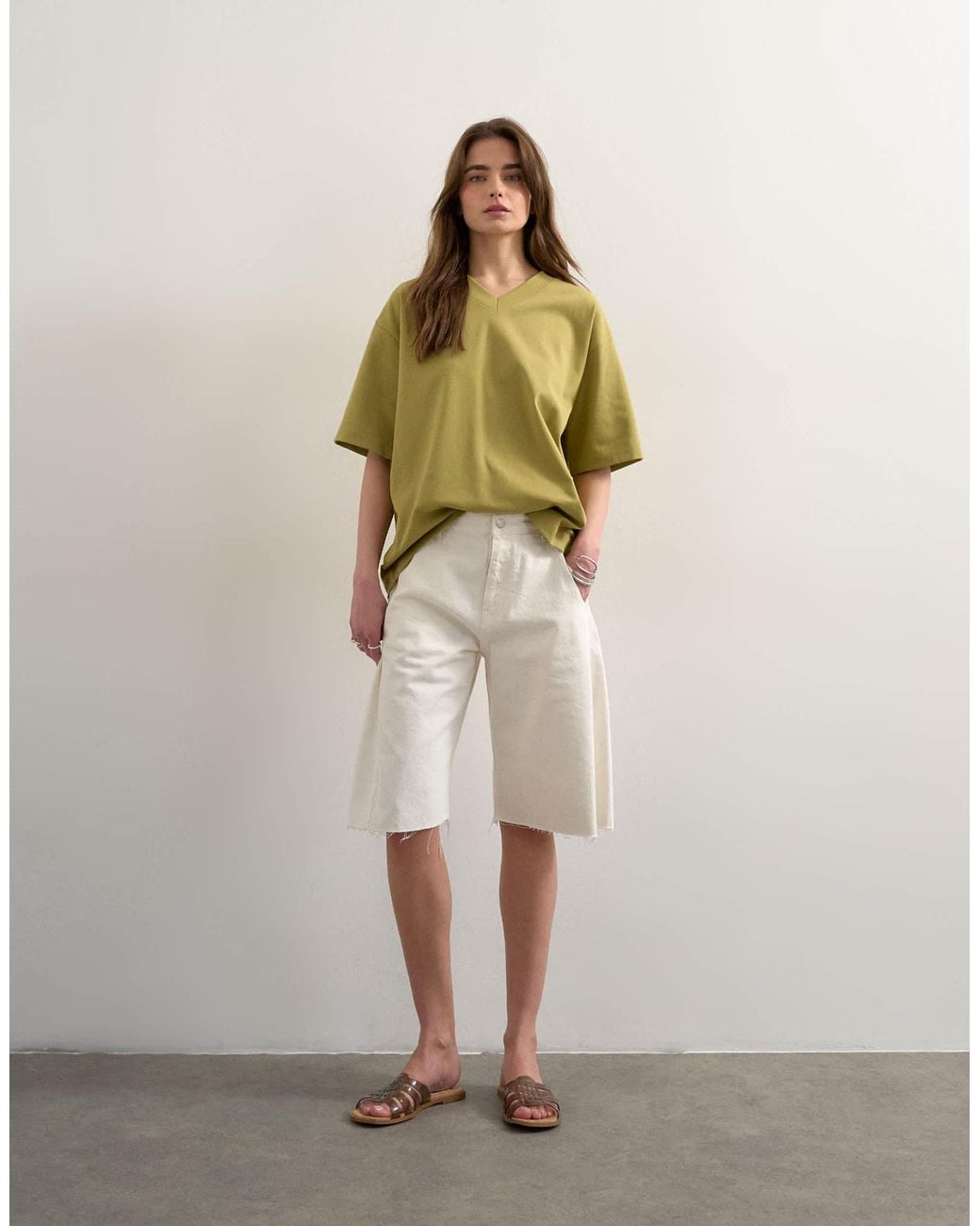 TOPSHOP Green V-neck Premium Interlock Tee