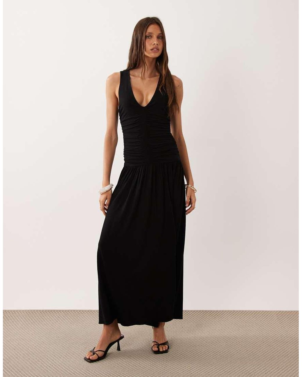 Mango Black V Neck Ruched Maxi Dress