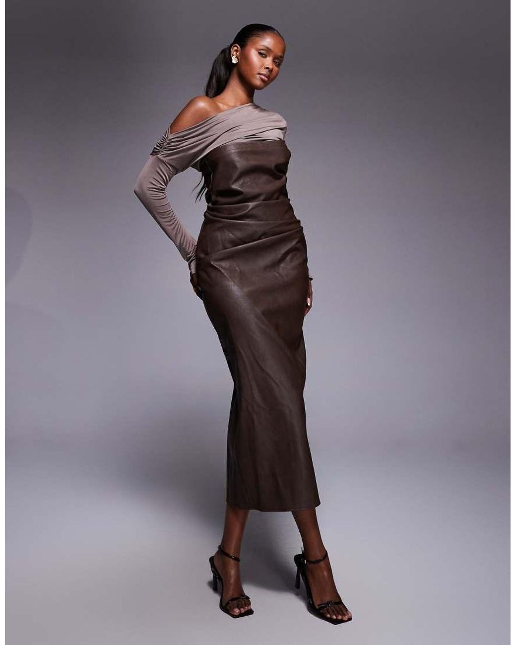 ASOS Brown Fallen Shoulder Pu Bandeau Midi Dress