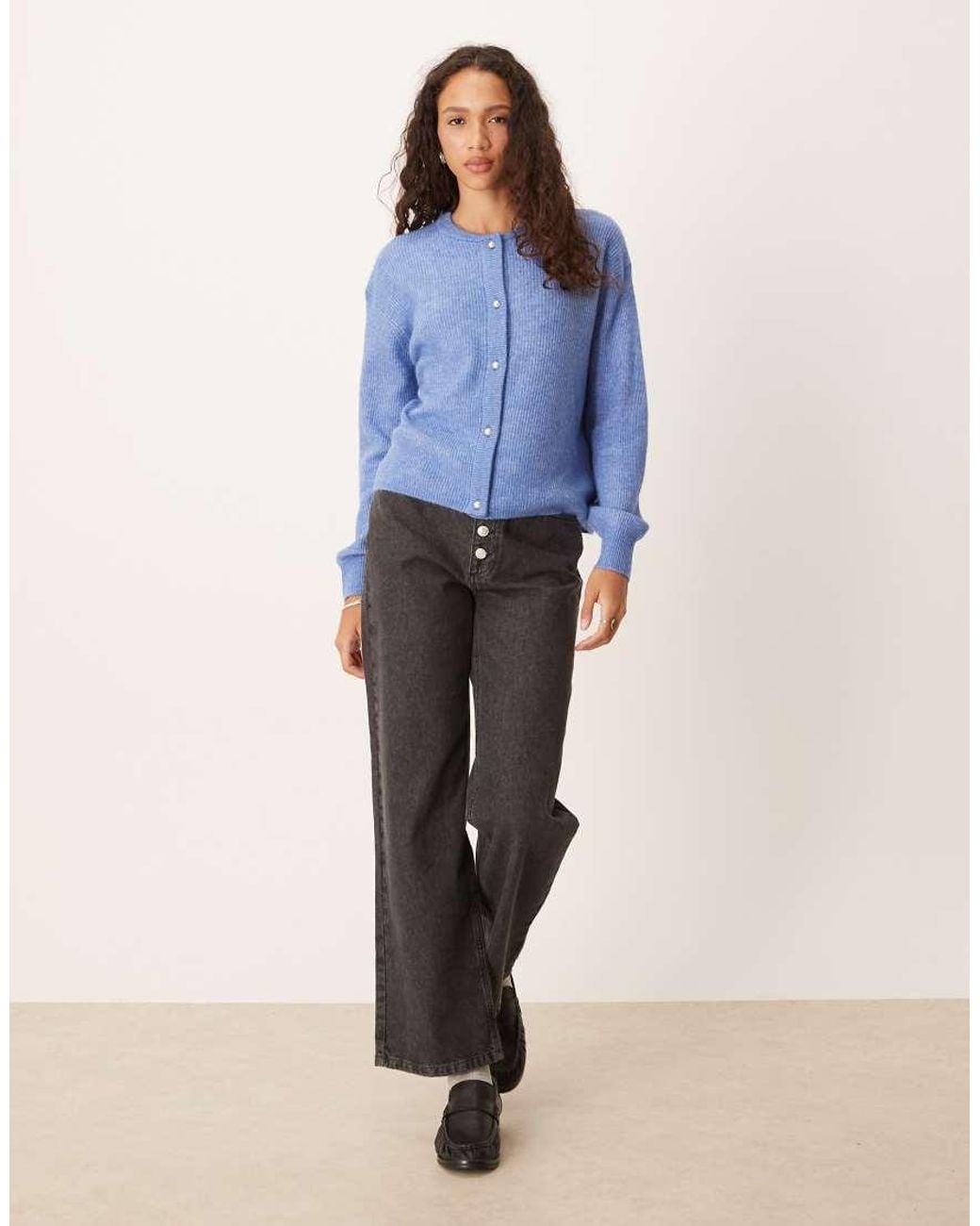 Jdy Blue Ribbed Cardigan With Pearl Buttons