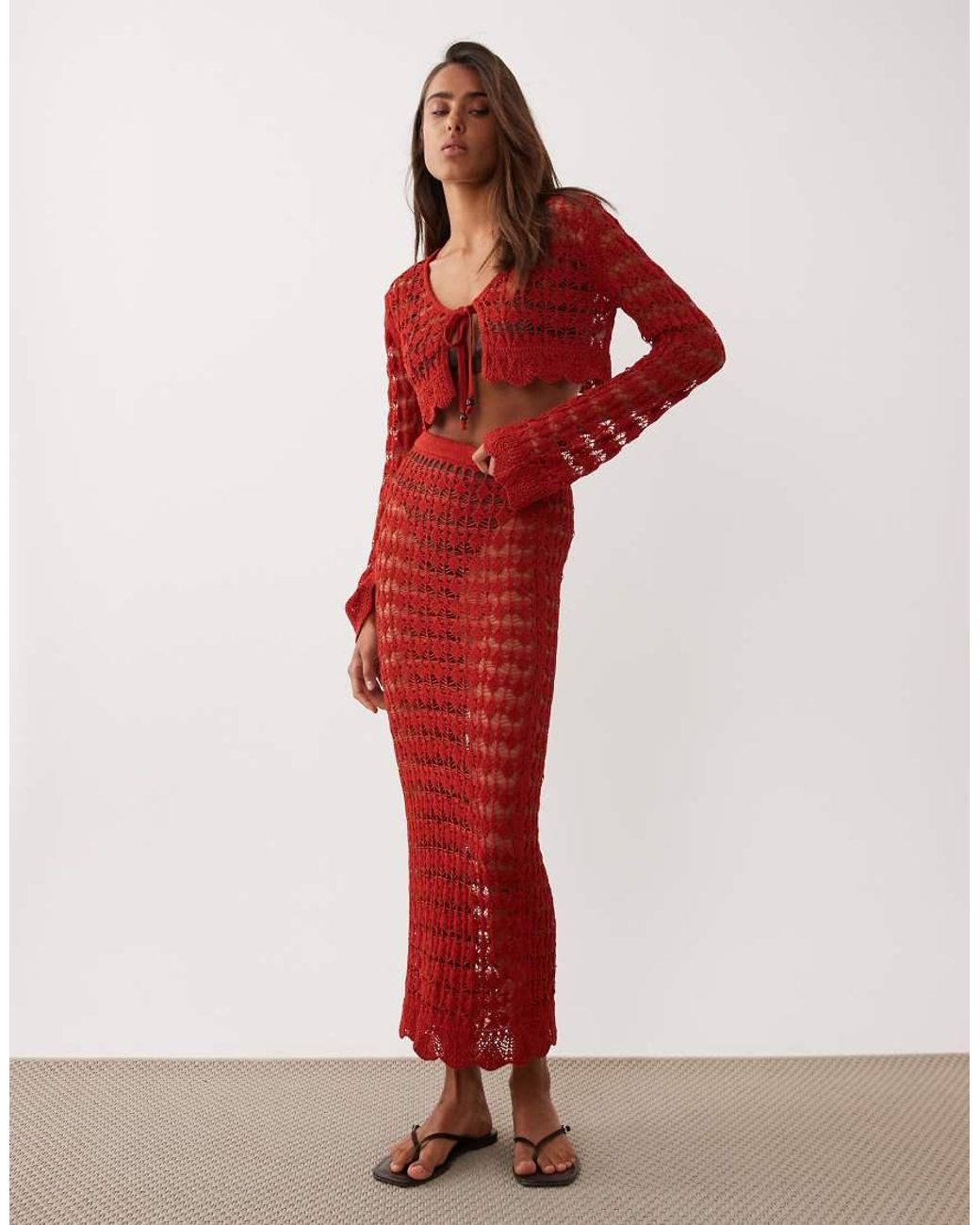 Miss Selfridge Red Crochet Long Sleeve Tie Front Cardigan