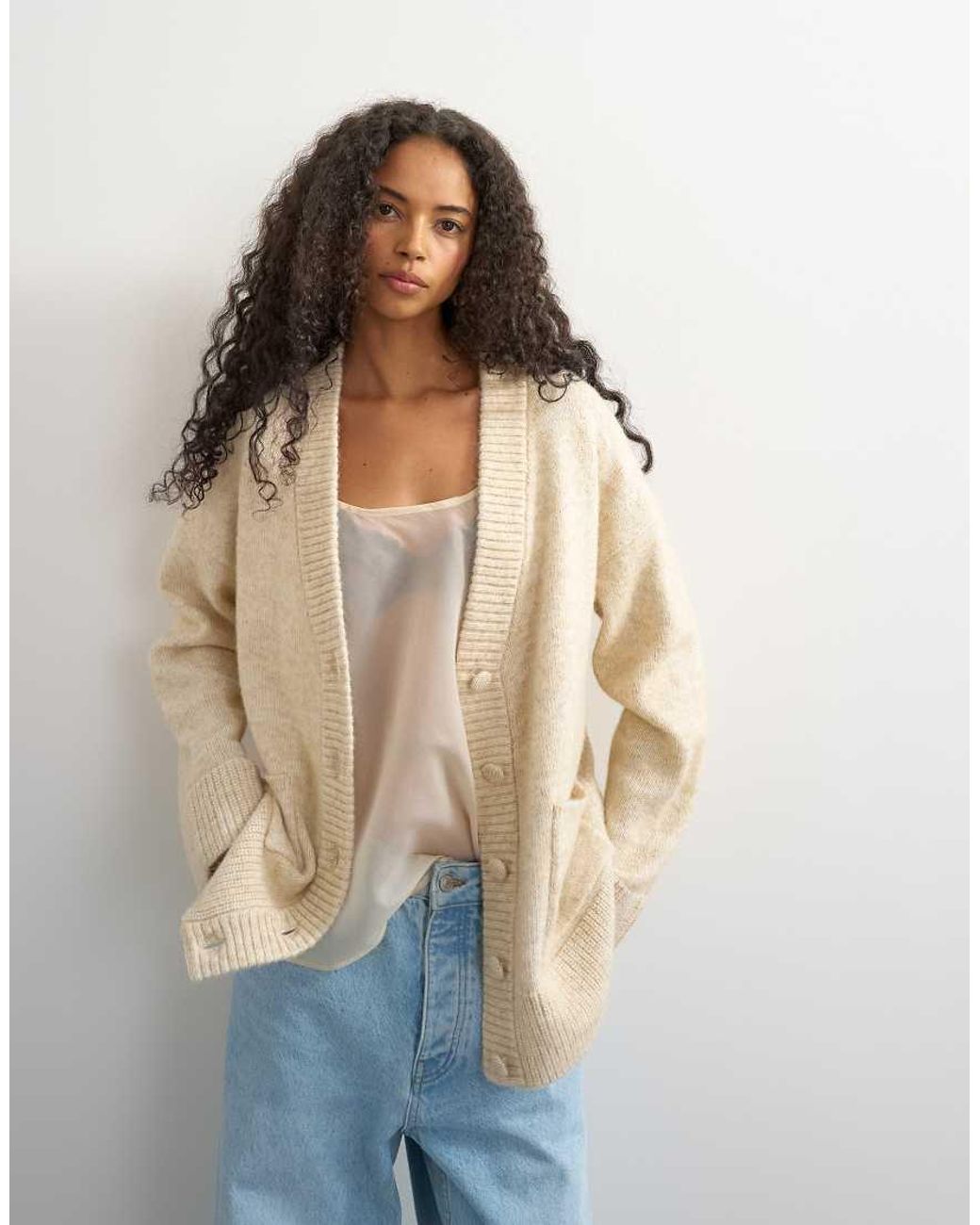TOPSHOP Brown Knitted Boyfriend Longline Covered Button Cardigan With Wool