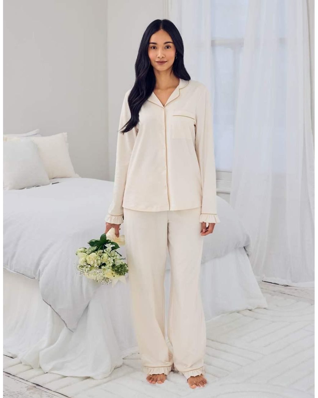 Chelsea Peers Natural Bridal 'Just Married' Revere Nightwer Set With Ruffle Hem And Cuff