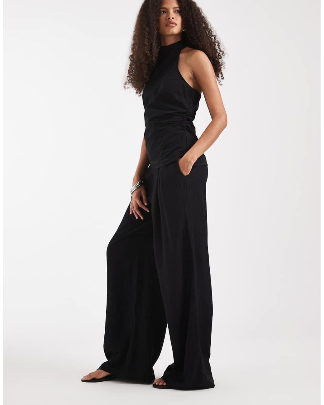 ASOS Blue Linen Blend Wide Leg Pleated Front Pants