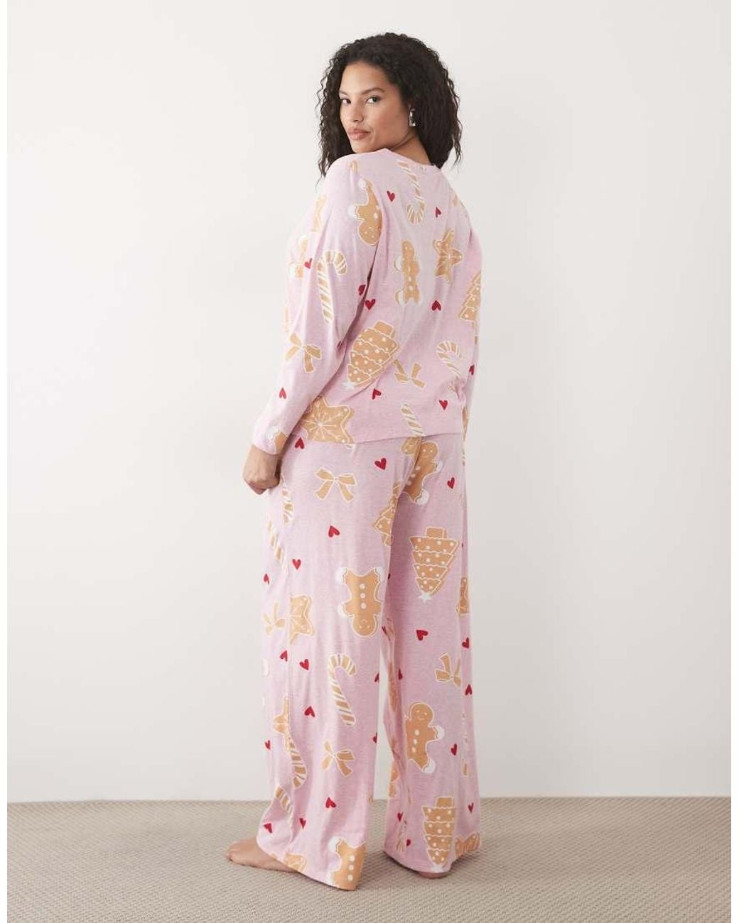 ASOS Pink Asos Design Curve Long Sleeve Top & Wide Leg Trouser Pyjama Set With Sweets Graphic