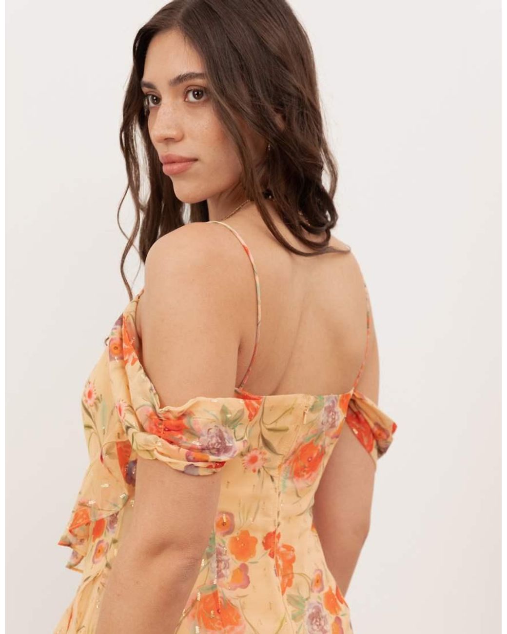 ANAYA Pink Floral Print Cowl Neck Cold Shoulder Ruffle Maxi Dress