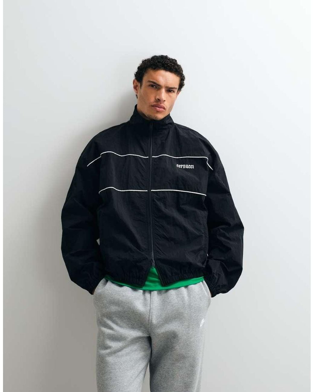 CERNUCCI Black Nylon Funnel Neck Track Jacket With Logo Back Print for men