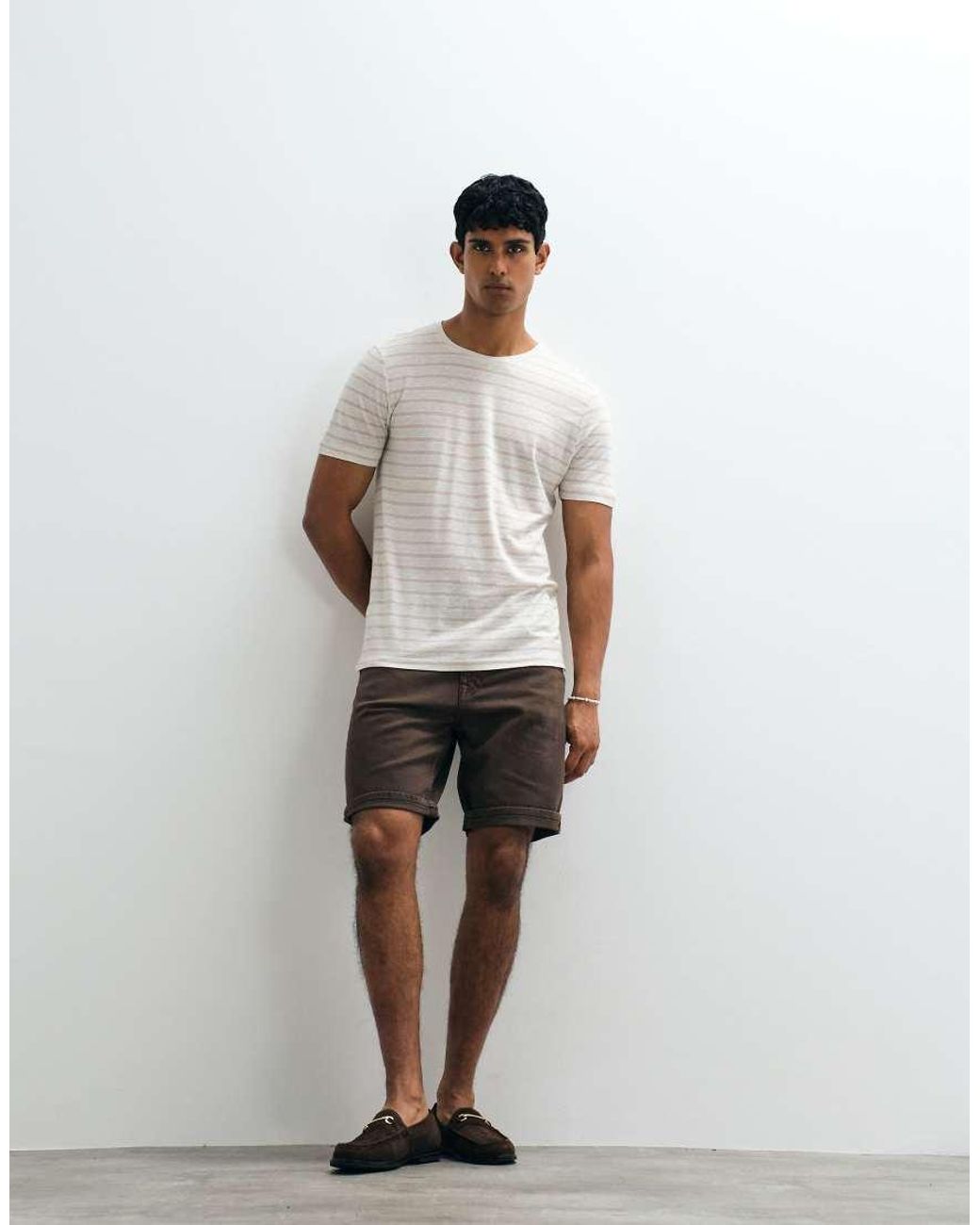 Mango White Linen Mix Striped T-Shirt for men