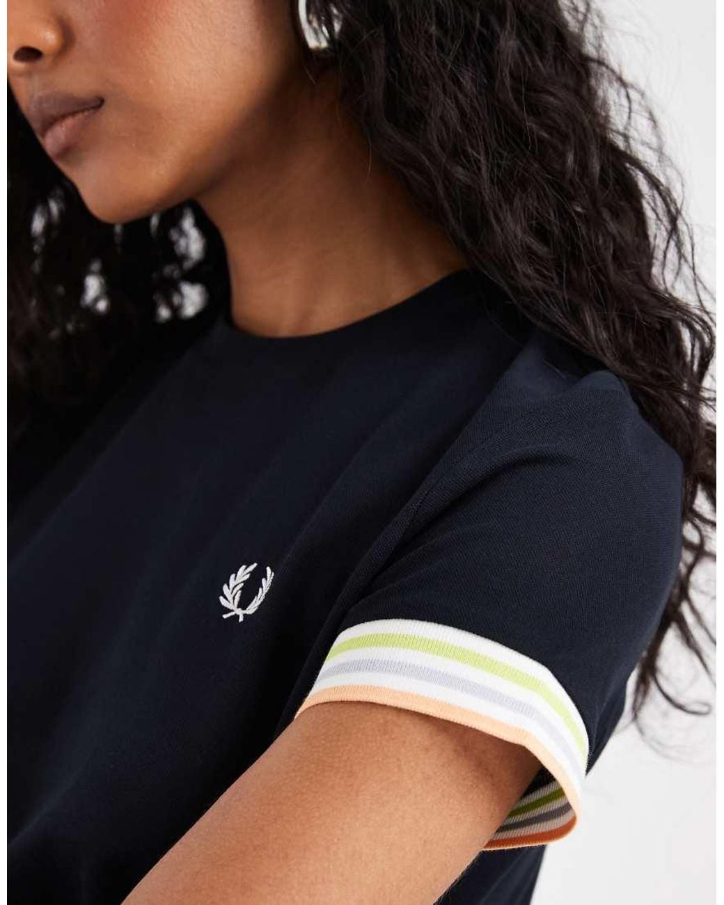 Fred Perry Blue Striped Cuff Pique T Shirt