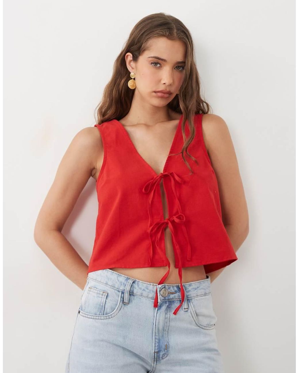Miss Selfridge Red Linen Blend Tie Front Top