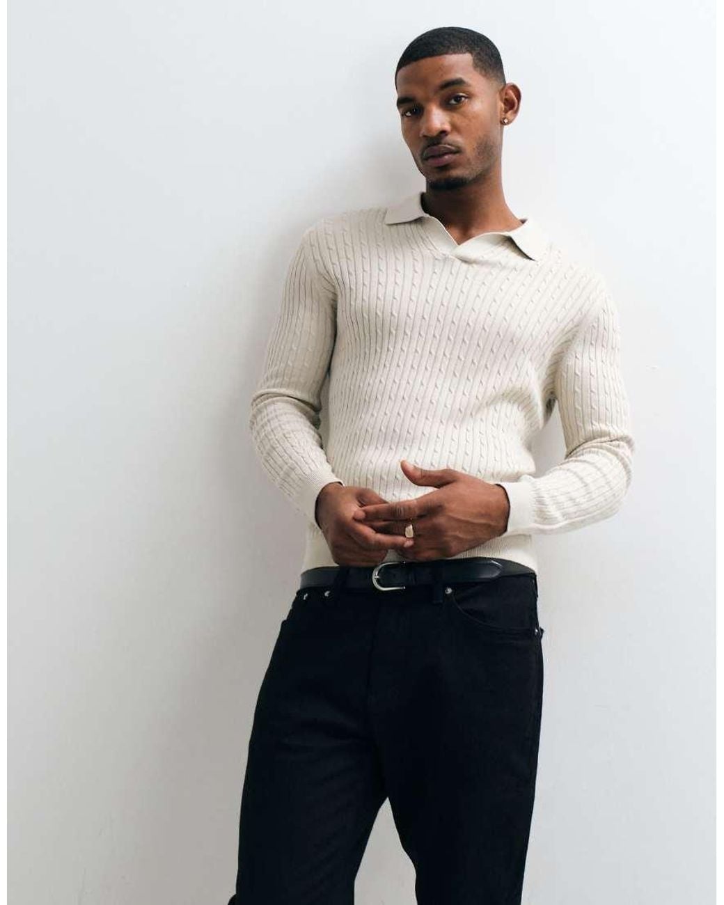Mango Gray Knitted Revere Collar Sweater for men
