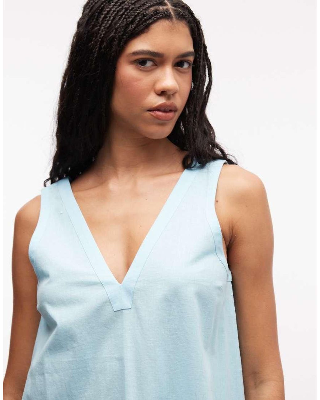 ASOS Blue Cotton Linen V Neck Smock Mini Dress