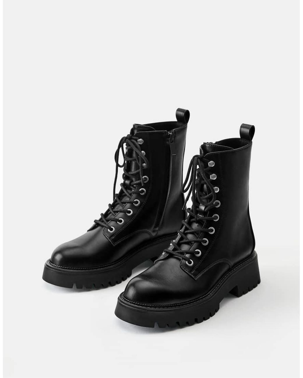 Pull&Bear Black Lace Up Flat Boots