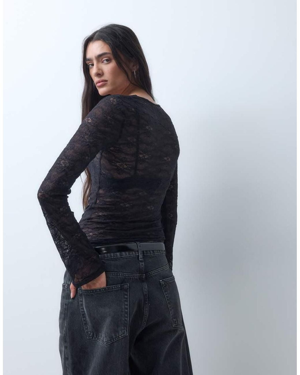 Monki Blue Lace Square Neck Long Sleeve Top
