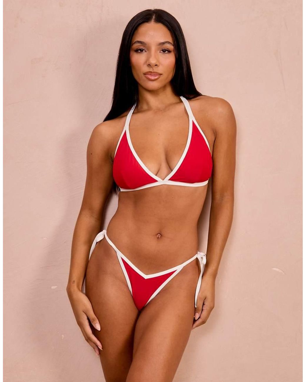 Wolf & Whistle Red Fuller Bust X Georgia Bayliss Tieside Bikini Bottoms With Contrast Trim