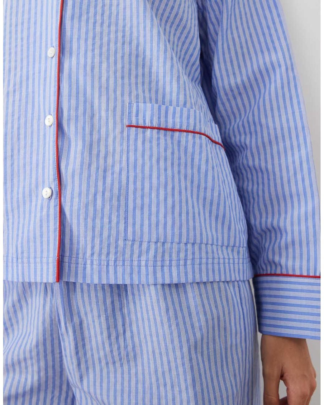 ASOS Blue Woven Cotton Long Sleeve Shirt And Wide Leg Trouser Pyjama Set