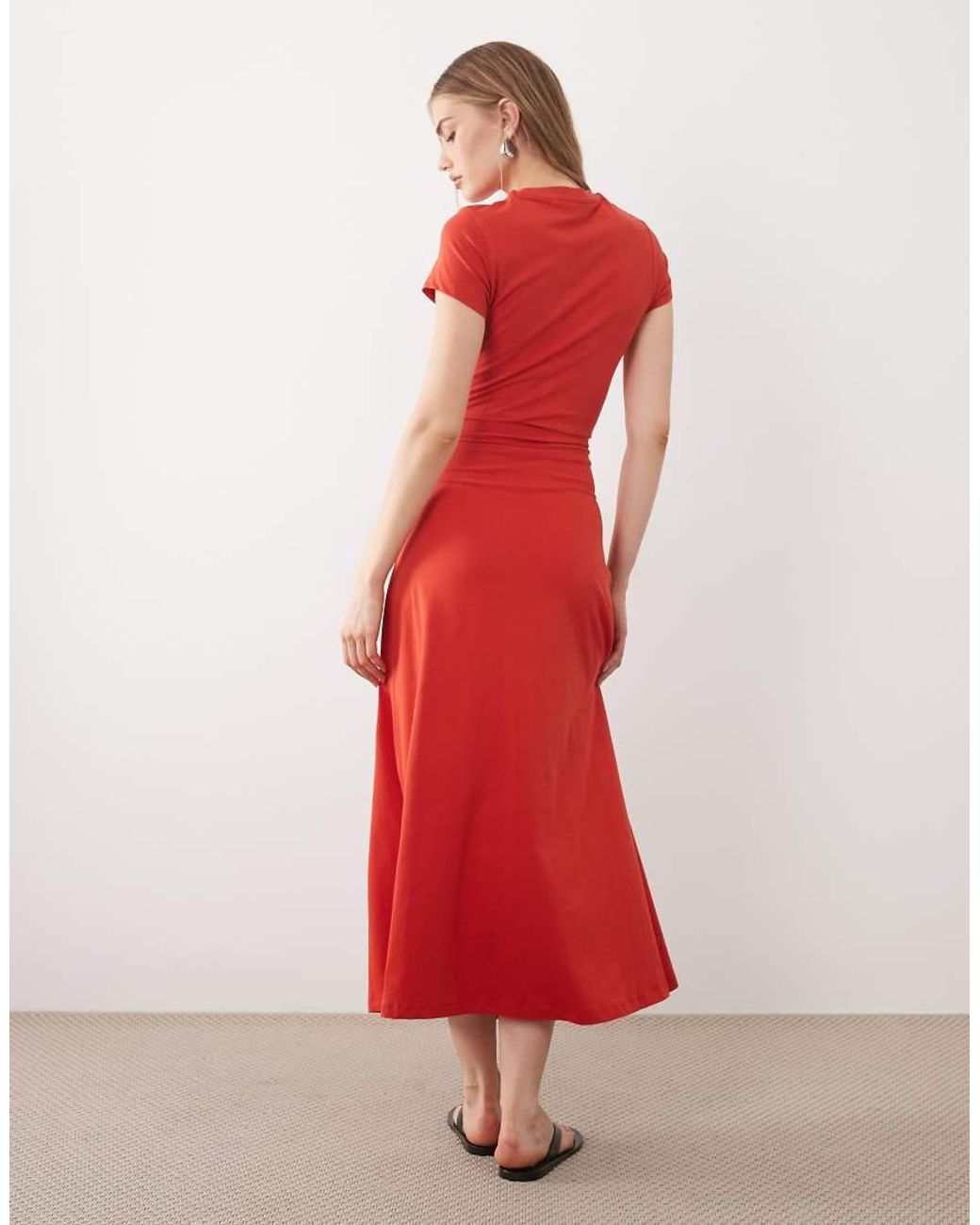 ASOS Red Short Sleeve Midi Dress With Tie Waist
